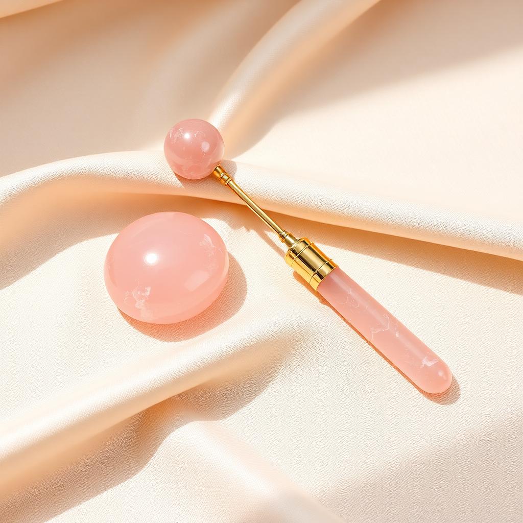 Rose quartz facial roller on cream silk
